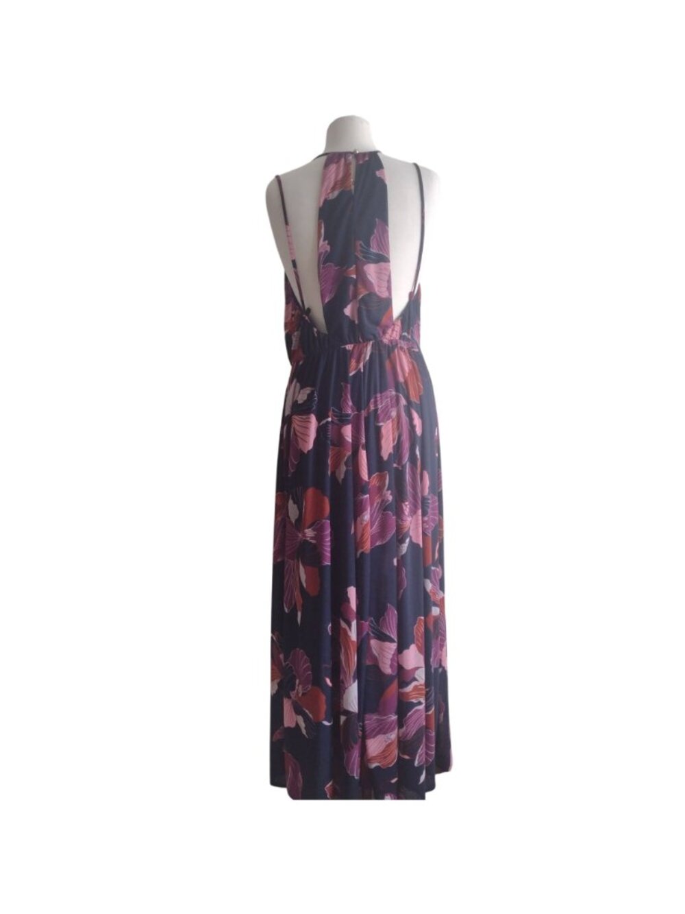 Anthropologie Floral Halter Dress L NEW Navy Purple Strappy Open Back Maxi - Picture 6 of 10